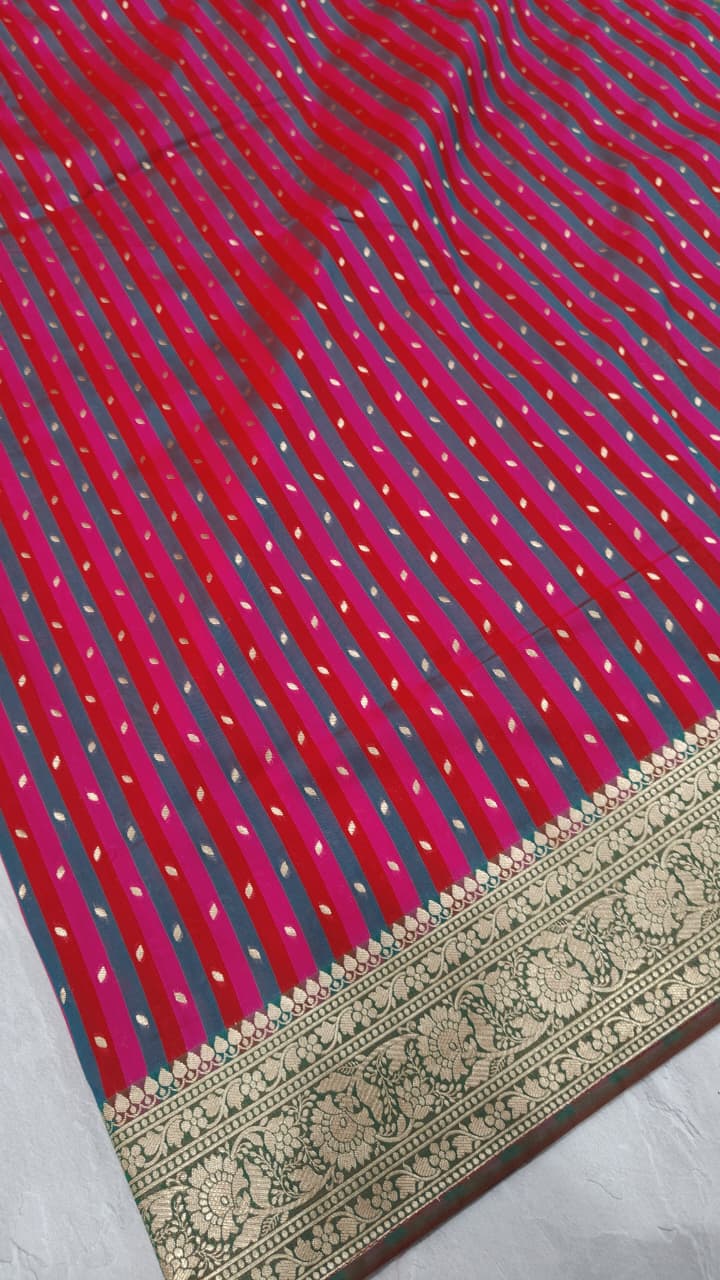 Multicolor Semi Silk Saree with Stripes Pattern-Zari Buttis and Zari Border