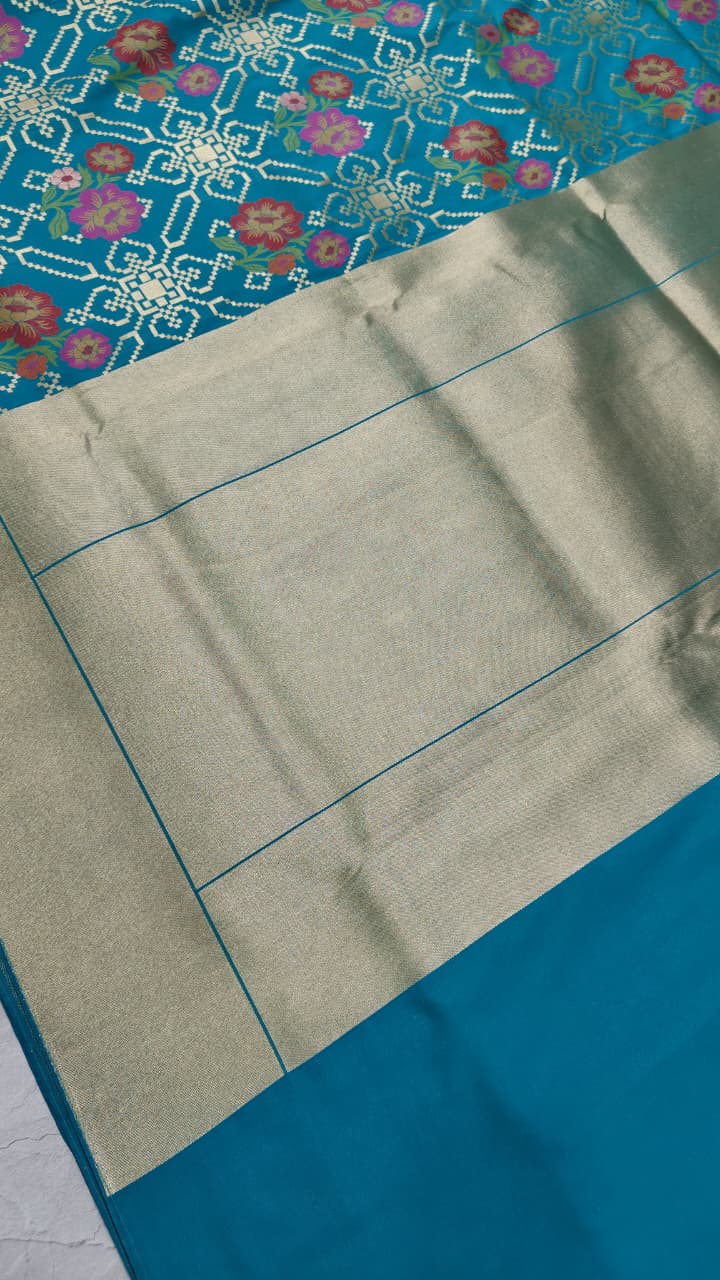 Green Semi Silk Saree with Meenakari Floral Jaal and Zari Border