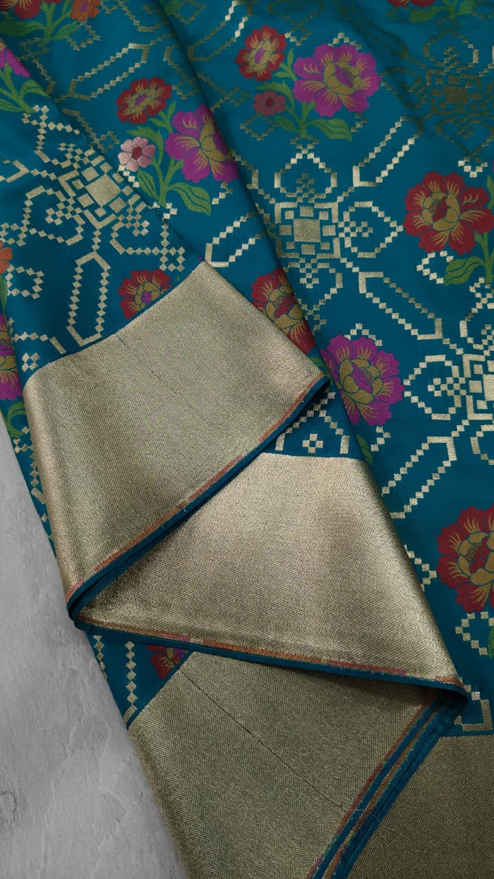 Green Semi Silk Saree with Meenakari Floral Jaal and Zari Border