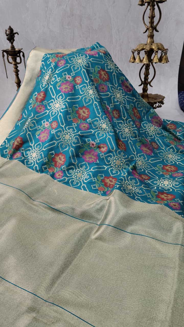 Green Semi Silk Saree with Meenakari Floral Jaal and Zari Border