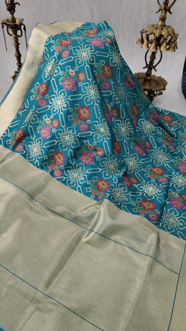Green Semi Silk Saree with Meenakari Floral Jaal and Zari Border
