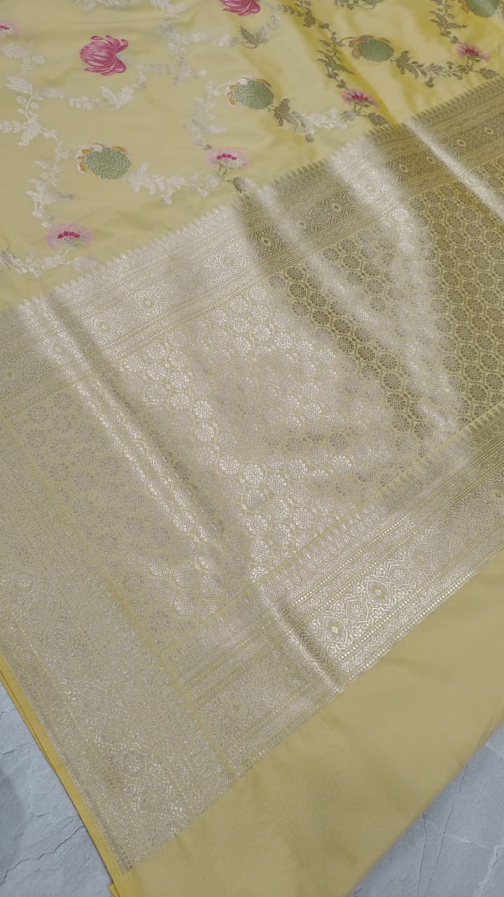 Butter Yellow Semi Silk Saree with Meenakari Floral Butta and Zari Border