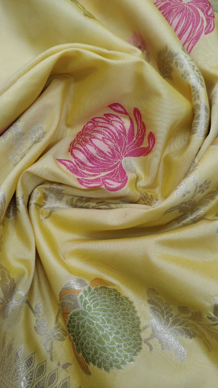 Butter Yellow Semi Silk Saree with Meenakari Floral Butta and Zari Border