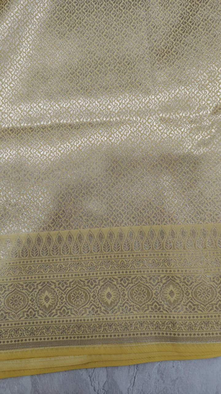 Butter Yellow Semi Silk Saree with Meenakari Floral Butta and Zari Border
