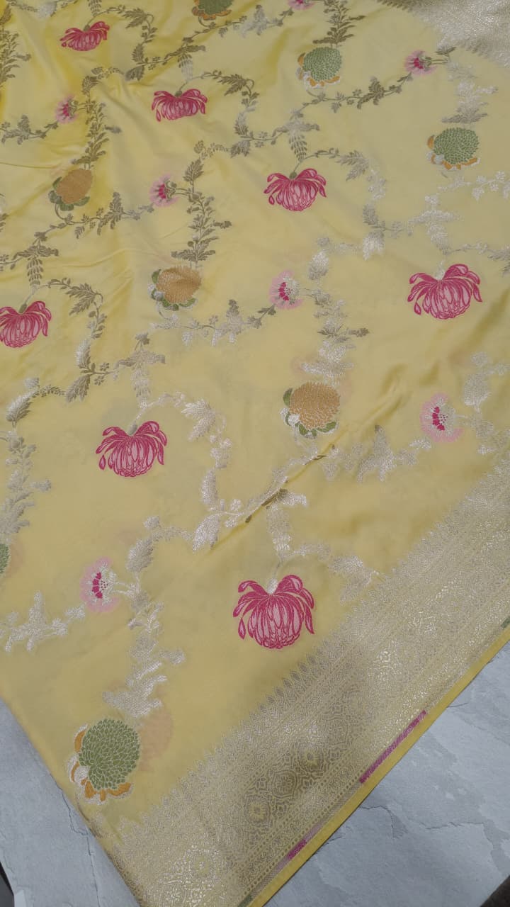 Butter Yellow Semi Silk Saree with Meenakari Floral Butta and Zari Border