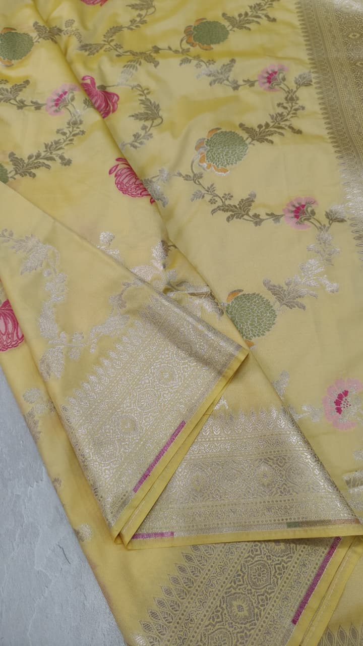 Butter Yellow Semi Silk Saree with Meenakari Floral Butta and Zari Border