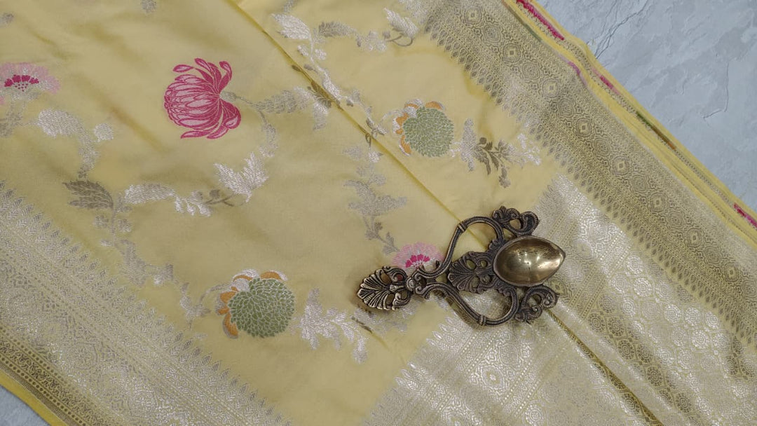 Butter Yellow Semi Silk Saree with Meenakari Floral Butta and Zari Border
