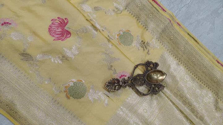Butter Yellow Semi Silk Saree with Meenakari Floral Butta and Zari Border
