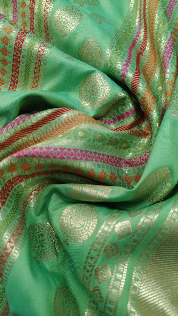 Green Semi Silk Saree with Meenakari Resham Ornate Stripes and Zari Border