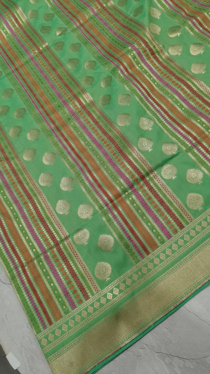 Green Semi Silk Saree with Meenakari Resham Ornate Stripes and Zari Border