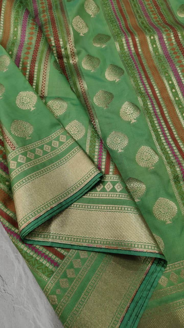 Green Semi Silk Saree with Meenakari Resham Ornate Stripes and Zari Border