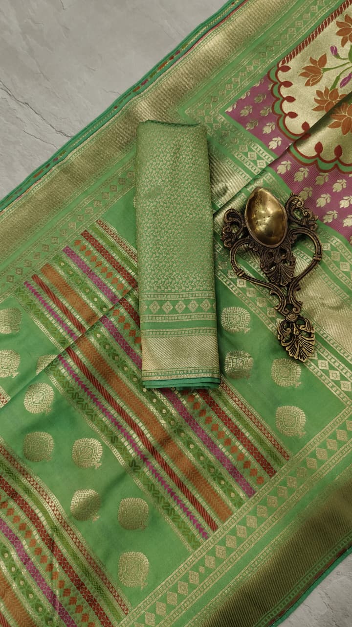 Green Semi Silk Saree with Meenakari Resham Ornate Stripes and Zari Border