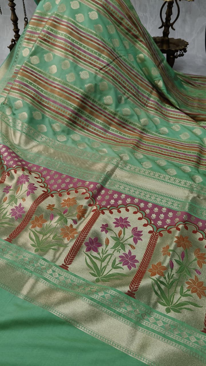 Green Semi Silk Saree with Meenakari Resham Ornate Stripes and Zari Border