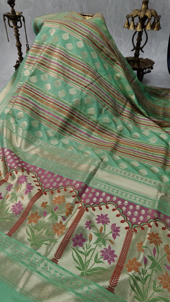 Green Semi Silk Saree with Meenakari Resham Ornate Stripes and Zari Border