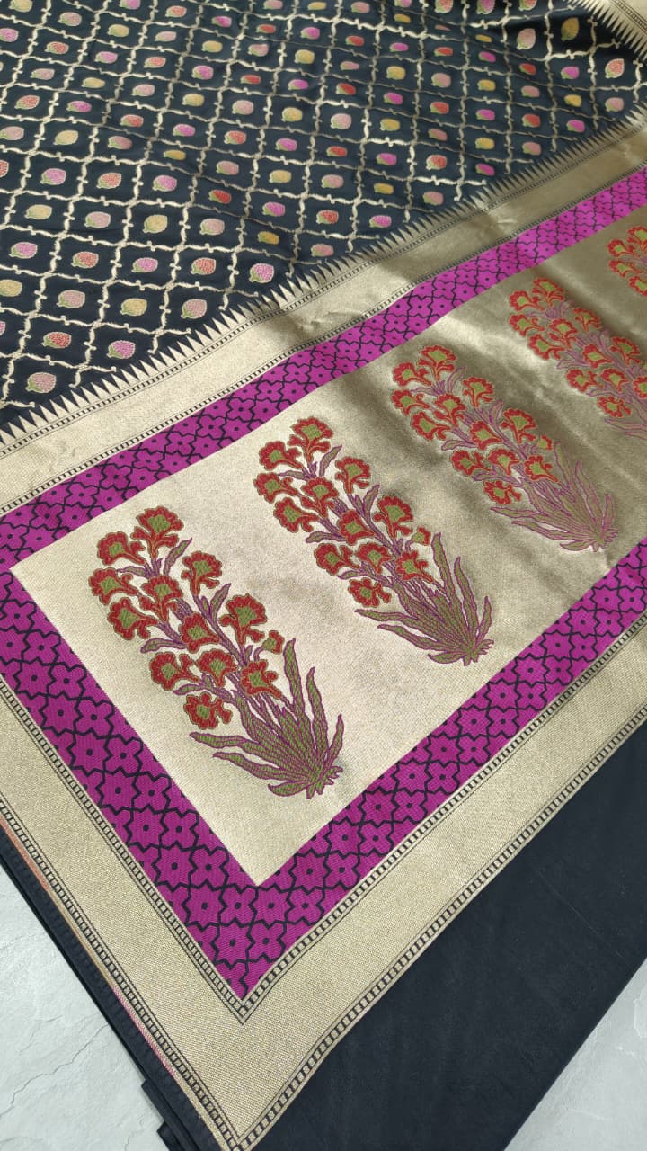 Black Semi Silk Saree with Meenakari Buttas Trellis Jaal and Zari Border