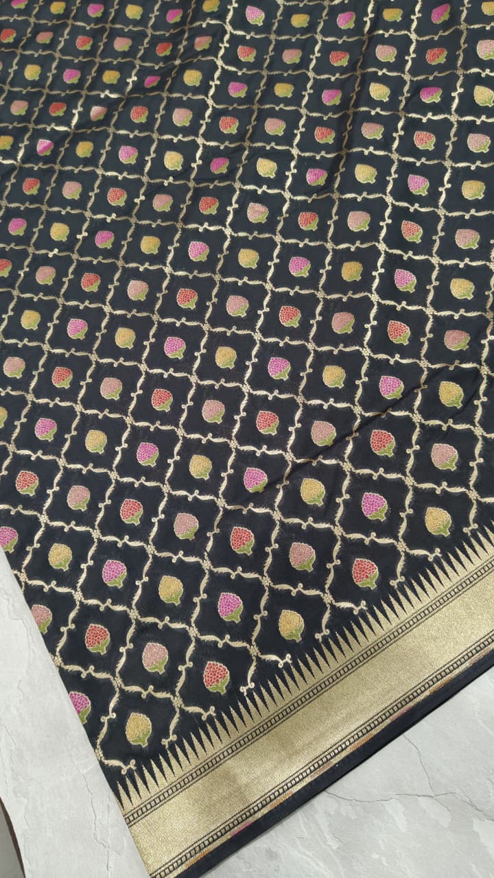 Black Semi Silk Saree with Meenakari Buttas Trellis Jaal and Zari Border