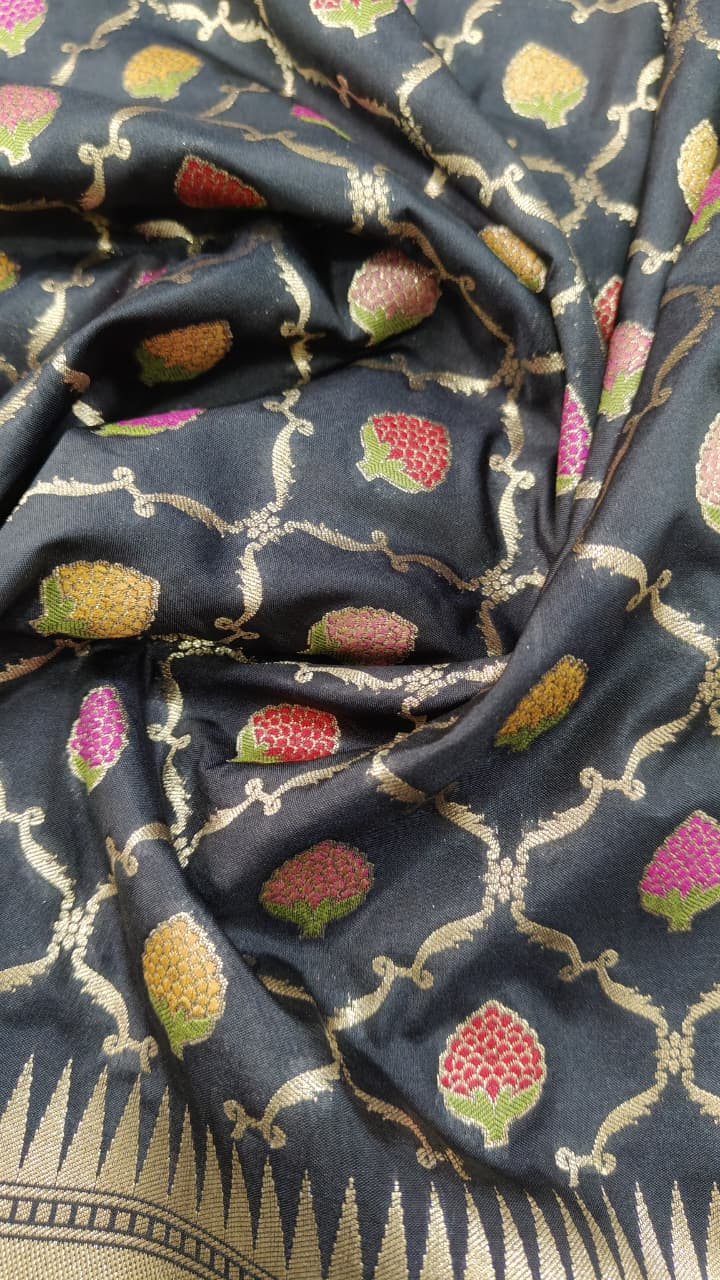 Black Semi Silk Saree with Meenakari Buttas Trellis Jaal and Zari Border
