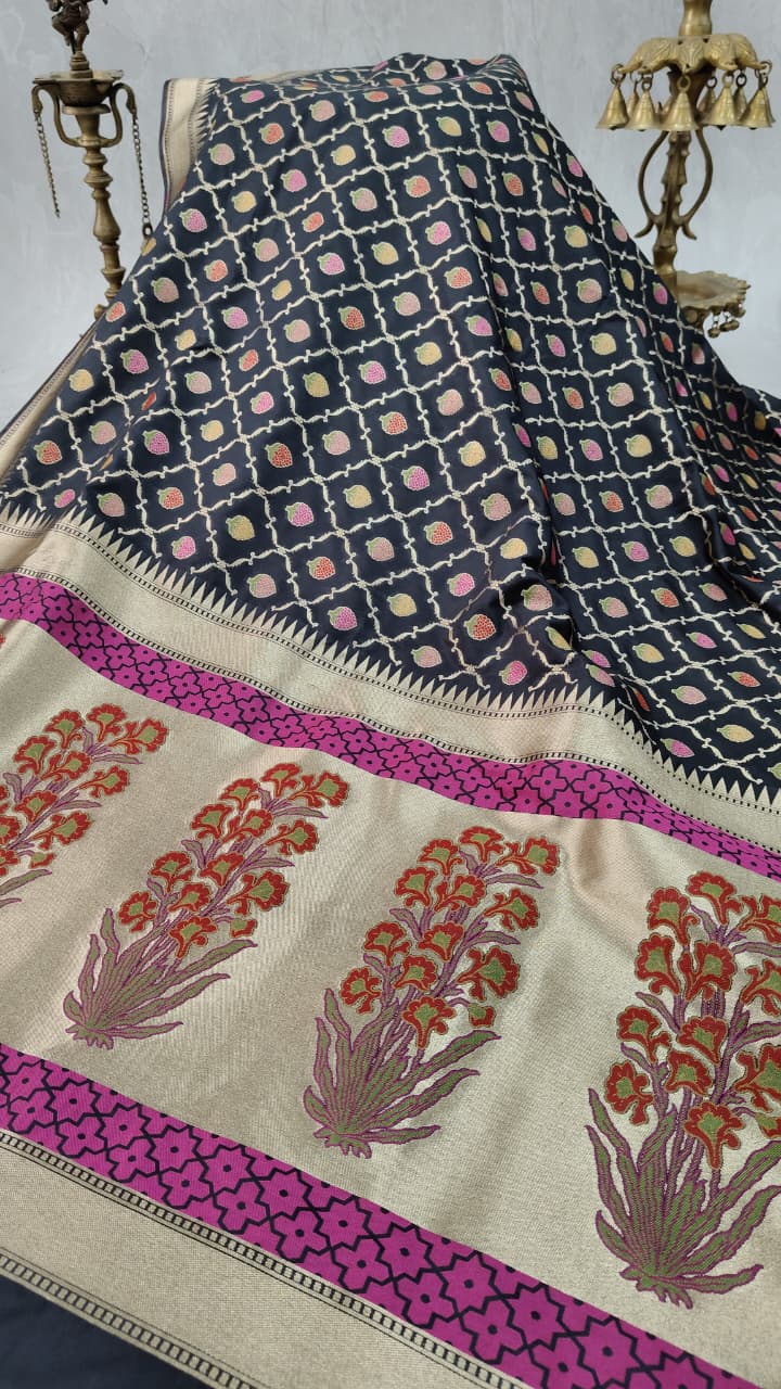 Black Semi Silk Saree with Meenakari Buttas Trellis Jaal and Zari Border