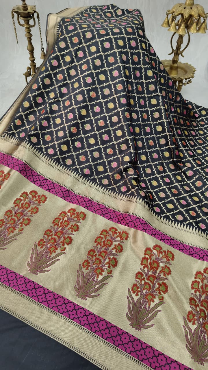 Black Semi Silk Saree with Meenakari Buttas Trellis Jaal and Zari Border