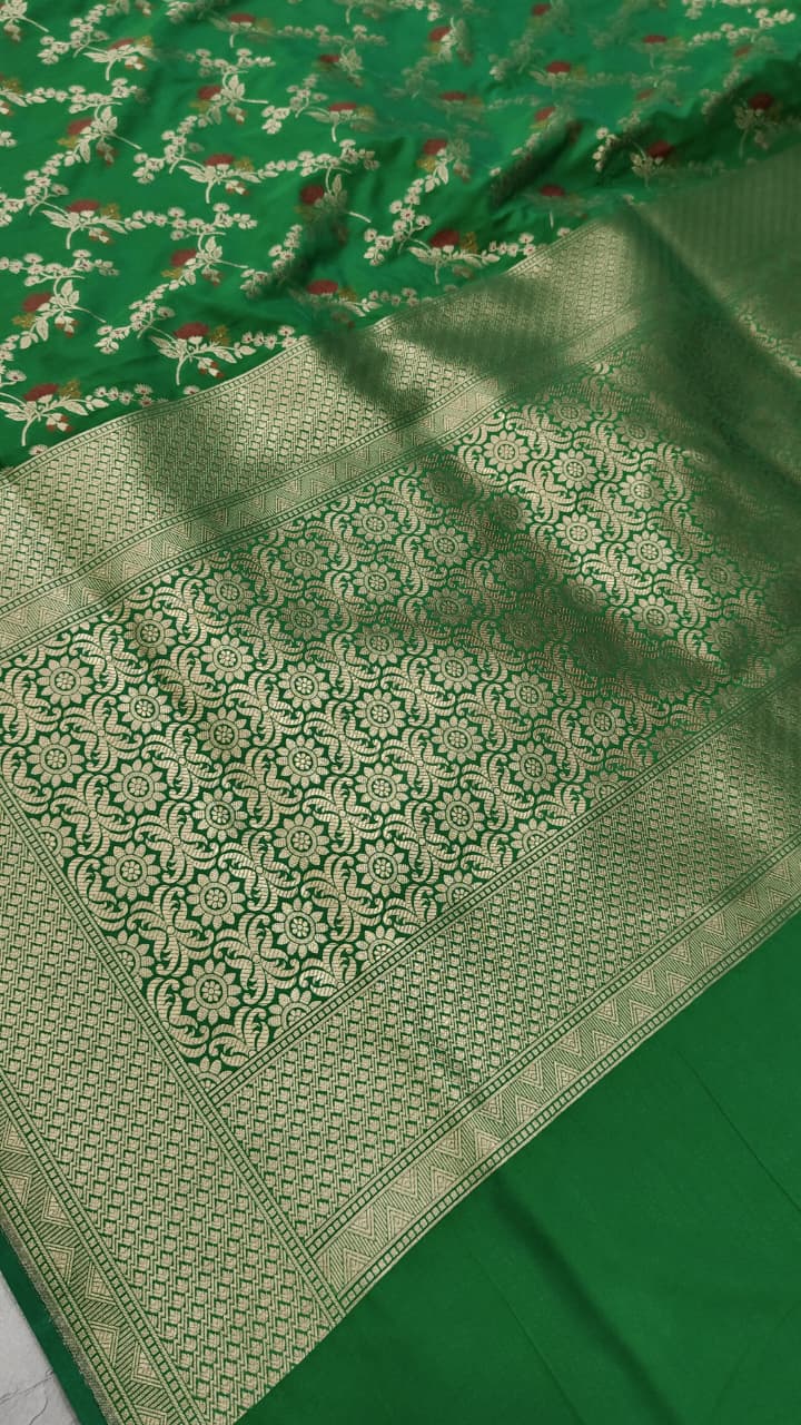 Irish Green Semi Silk Saree with Meenakari Floral Jaal and Zari Border