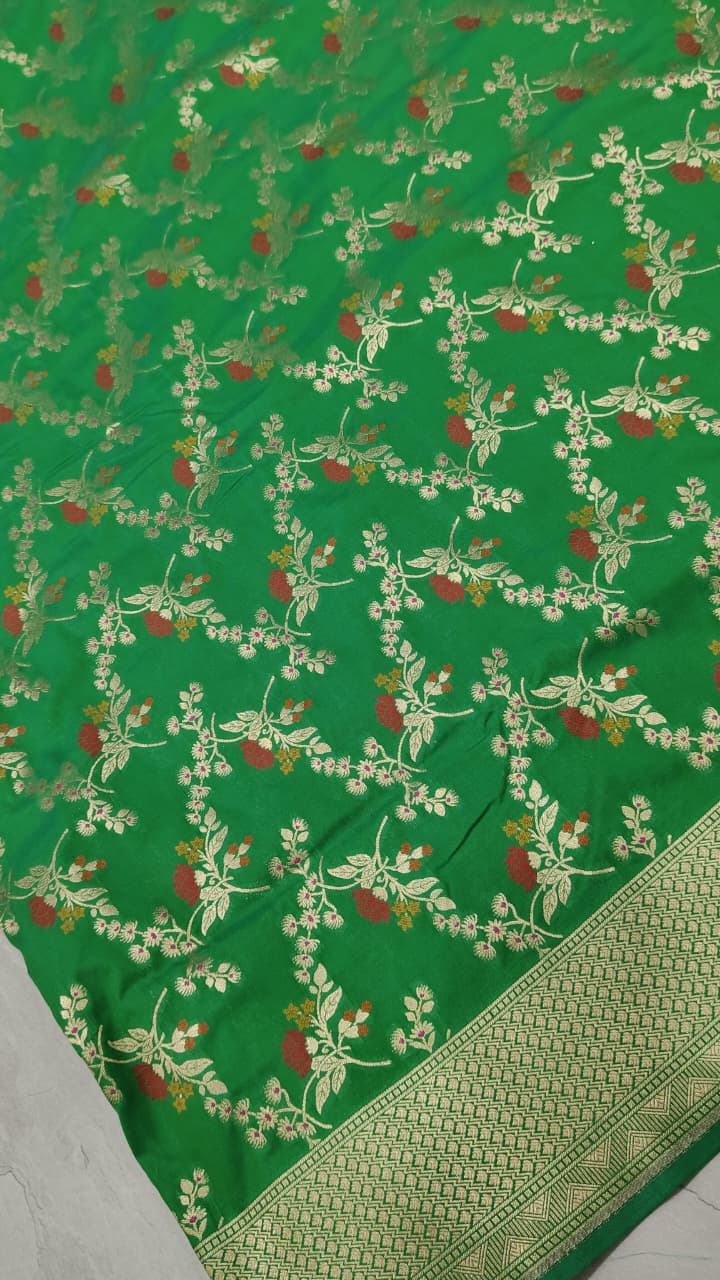 Irish Green Semi Silk Saree with Meenakari Floral Jaal and Zari Border