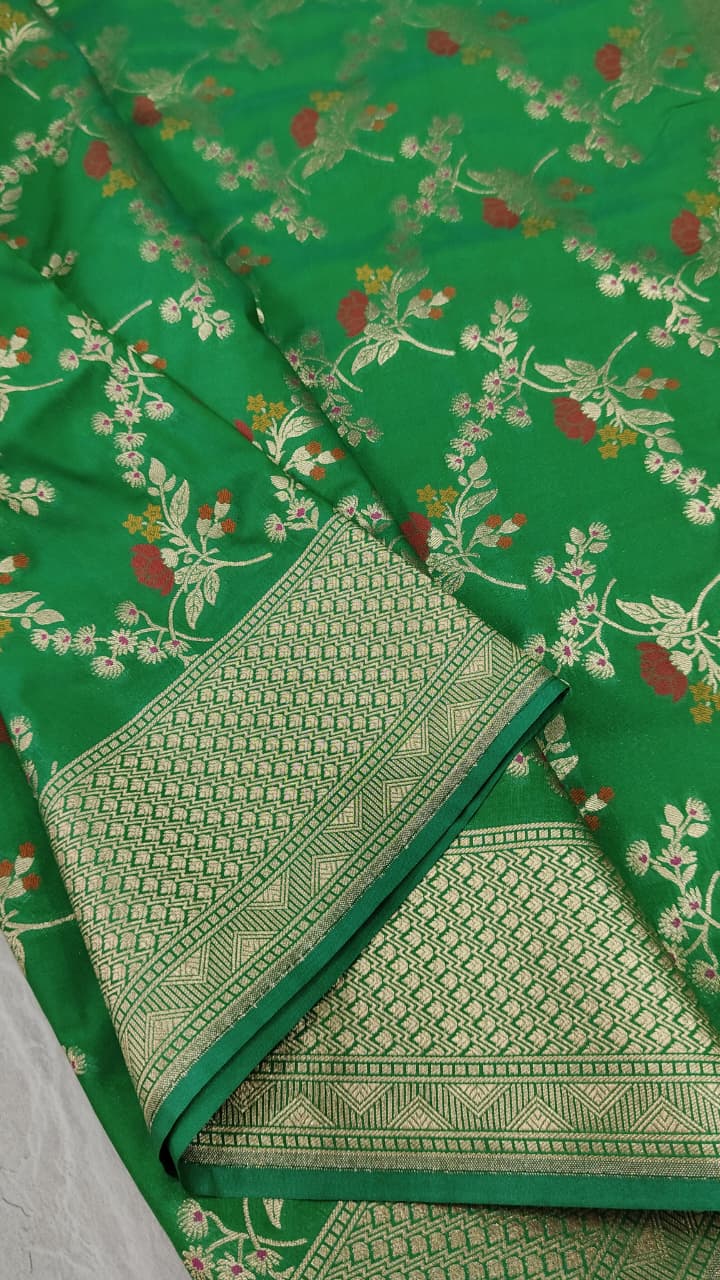Irish Green Semi Silk Saree with Meenakari Floral Jaal and Zari Border