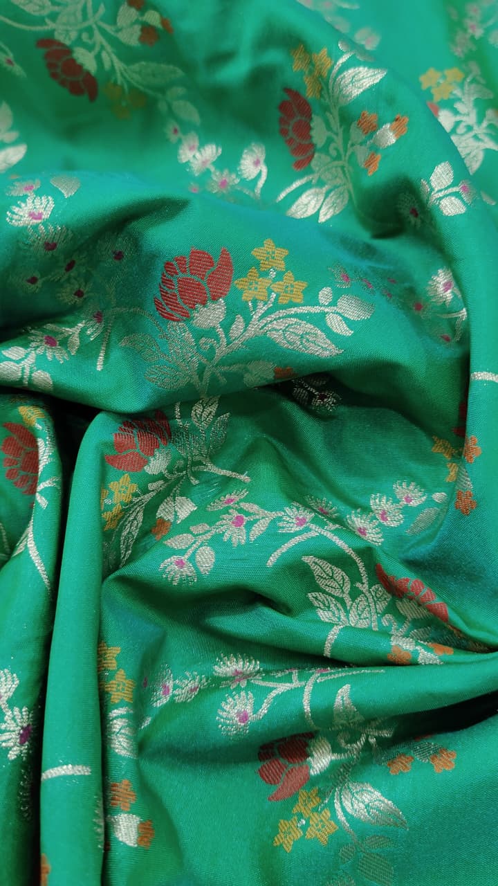 Irish Green Semi Silk Saree with Meenakari Floral Jaal and Zari Border