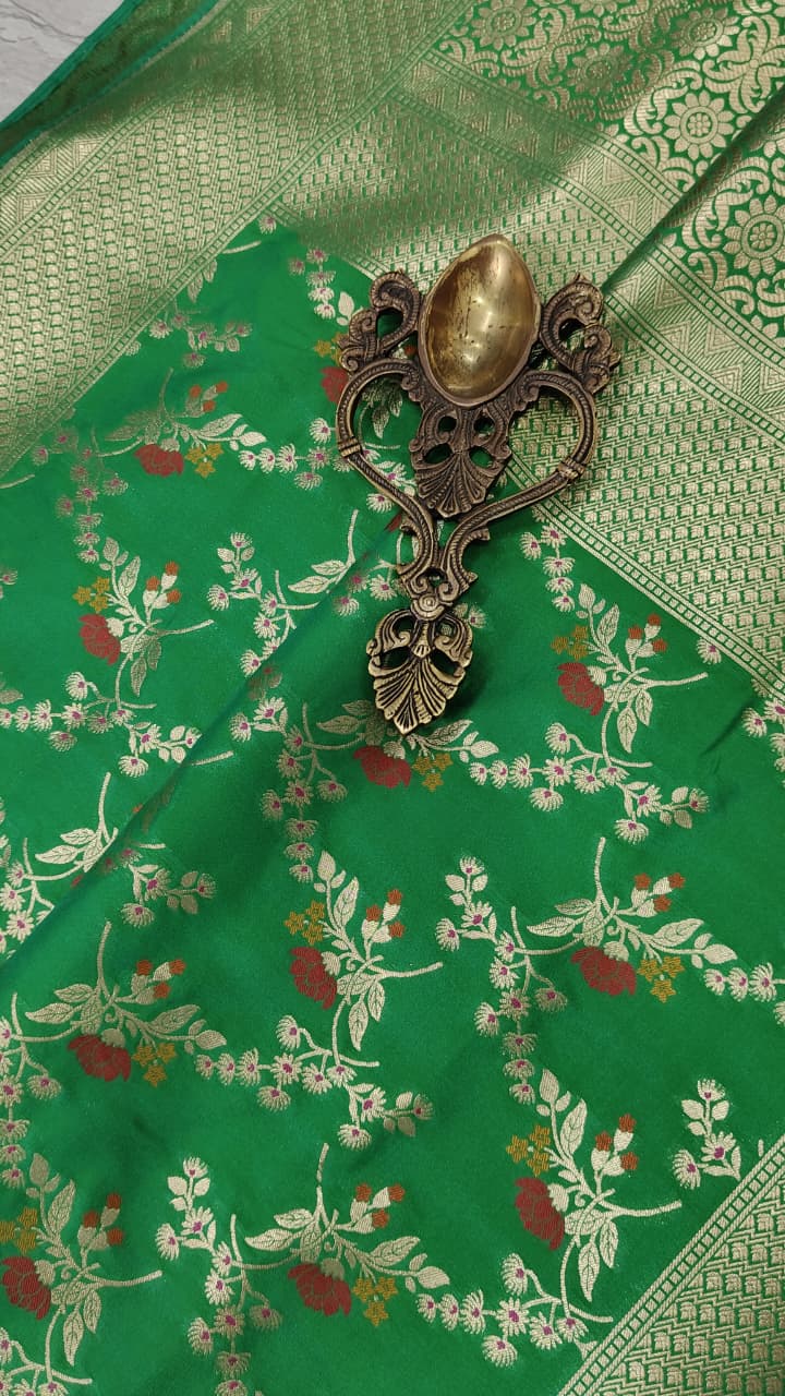 Irish Green Semi Silk Saree with Meenakari Floral Jaal and Zari Border