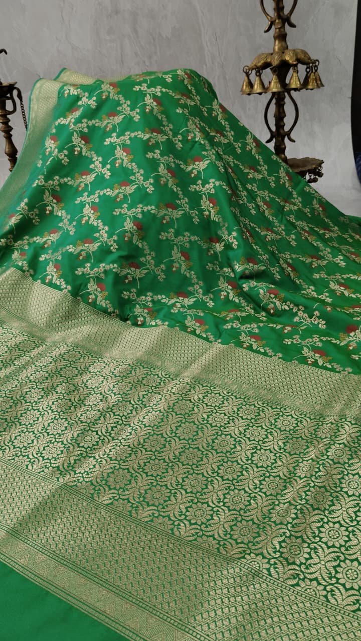 Irish Green Semi Silk Saree with Meenakari Floral Jaal and Zari Border
