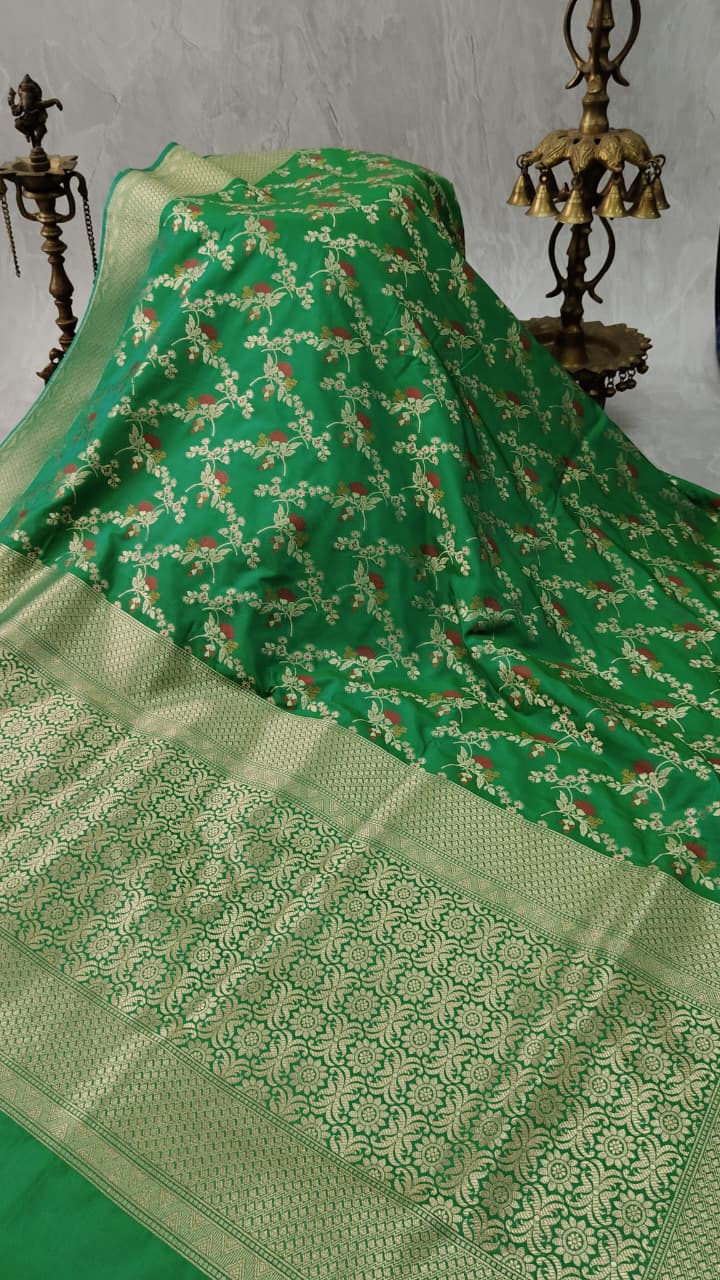 Irish Green Semi Silk Saree with Meenakari Floral Jaal and Zari Border