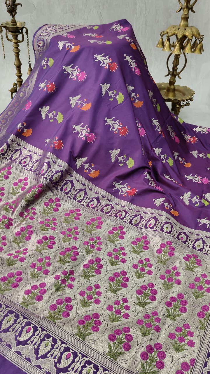 Grape Purple Semi Silk Saree with Meenakari Floral Butta and Border