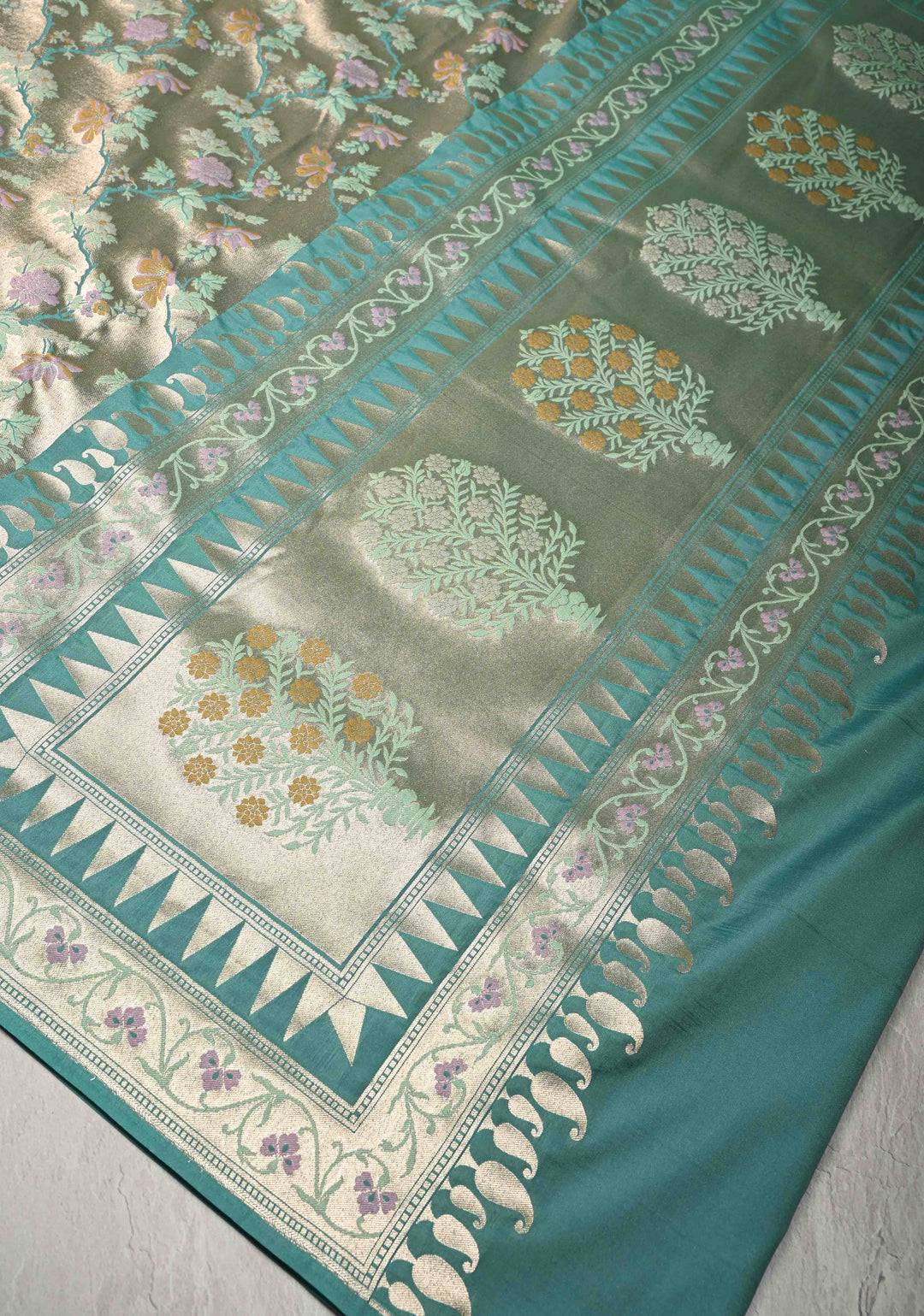 Turquoise-Gold Semi Paithani Style Tissue Silk Saree with Meenakari Moroccan Jaal and Zari Border