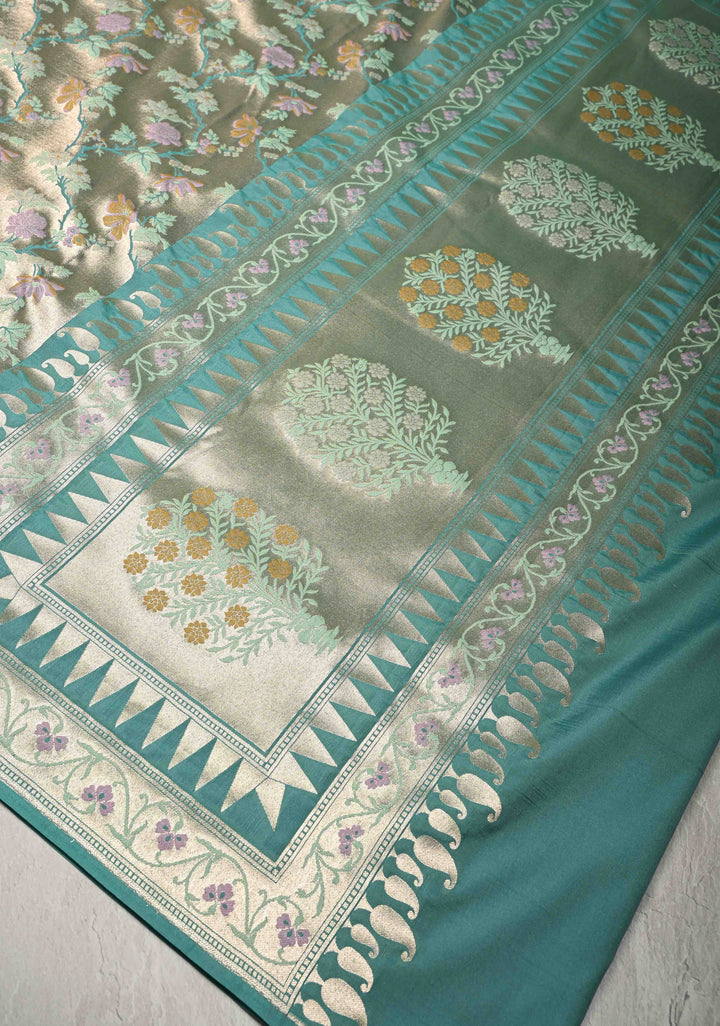 Turquoise-Gold Semi Paithani Style Tissue Silk Saree with Meenakari Moroccan Jaal and Zari Border