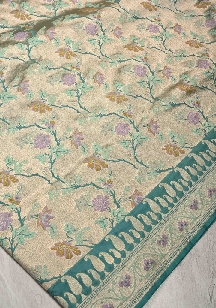 Turquoise-Gold Semi Paithani Style Tissue Silk Saree with Meenakari Moroccan Jaal and Zari Border