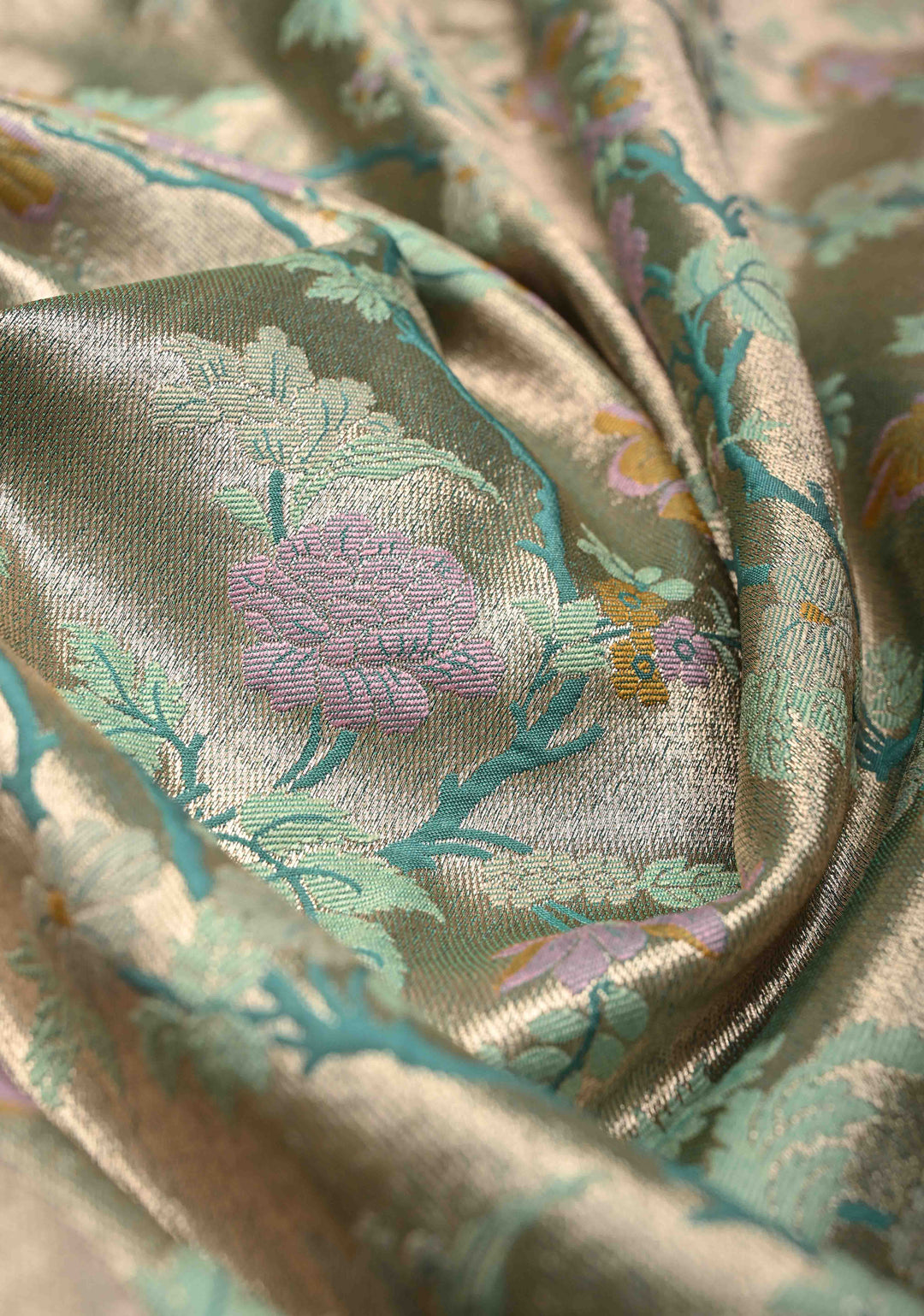 Turquoise-Gold Semi Paithani Style Tissue Silk Saree with Meenakari Moroccan Jaal and Zari Border