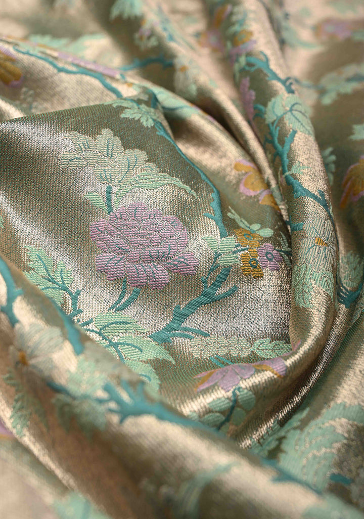 Turquoise-Gold Semi Paithani Style Tissue Silk Saree with Meenakari Moroccan Jaal and Zari Border