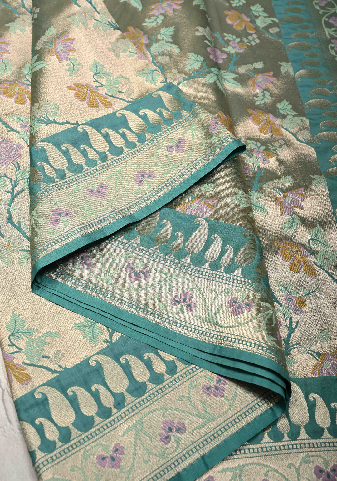 Turquoise-Gold Semi Paithani Style Tissue Silk Saree with Meenakari Moroccan Jaal and Zari Border