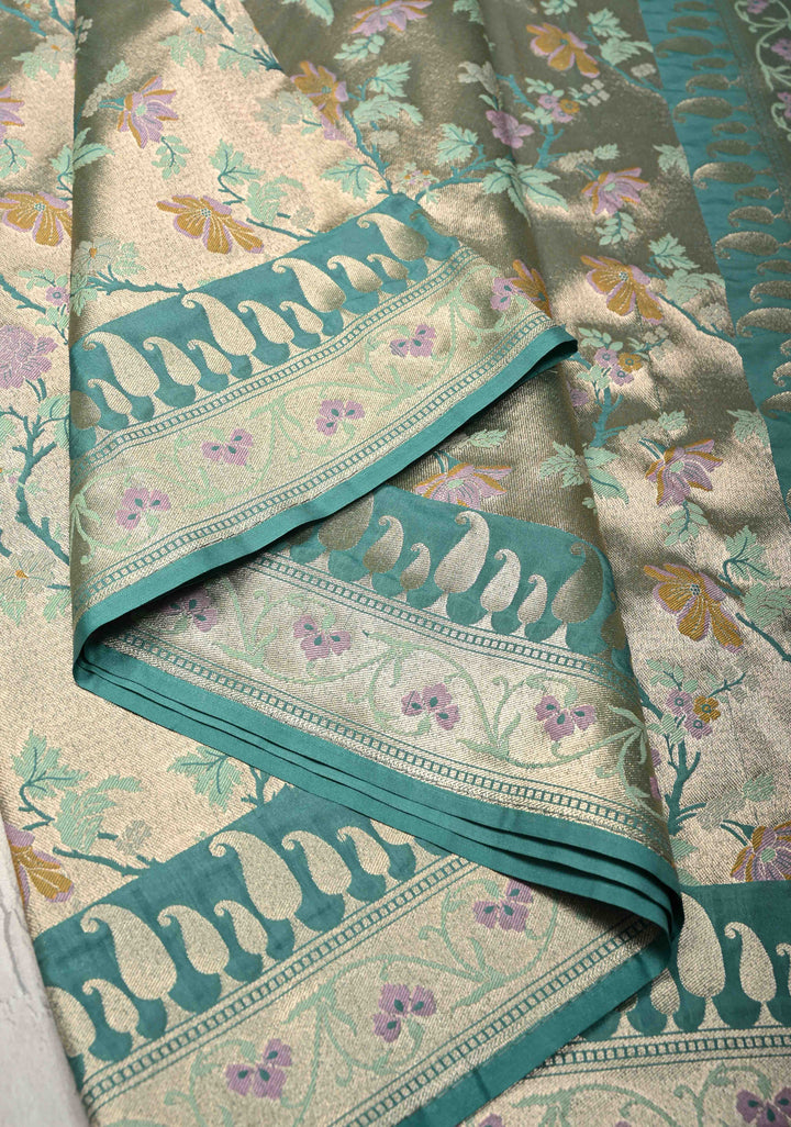 Turquoise-Gold Semi Paithani Style Tissue Silk Saree with Meenakari Moroccan Jaal and Zari Border