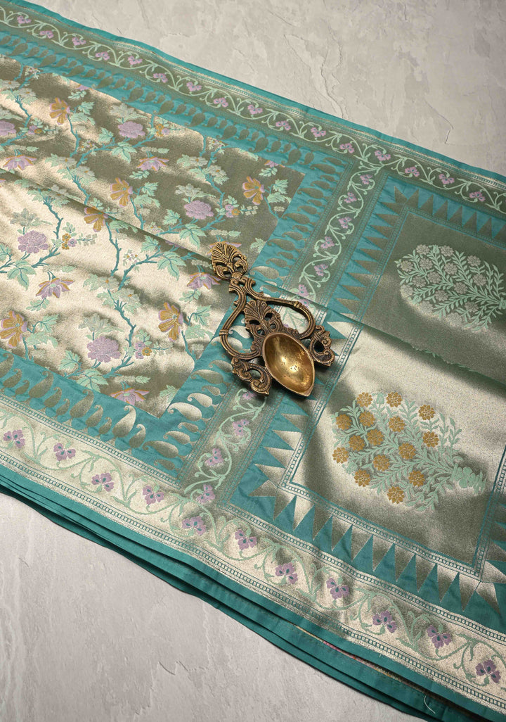 Turquoise-Gold Semi Paithani Style Tissue Silk Saree with Meenakari Moroccan Jaal and Zari Border