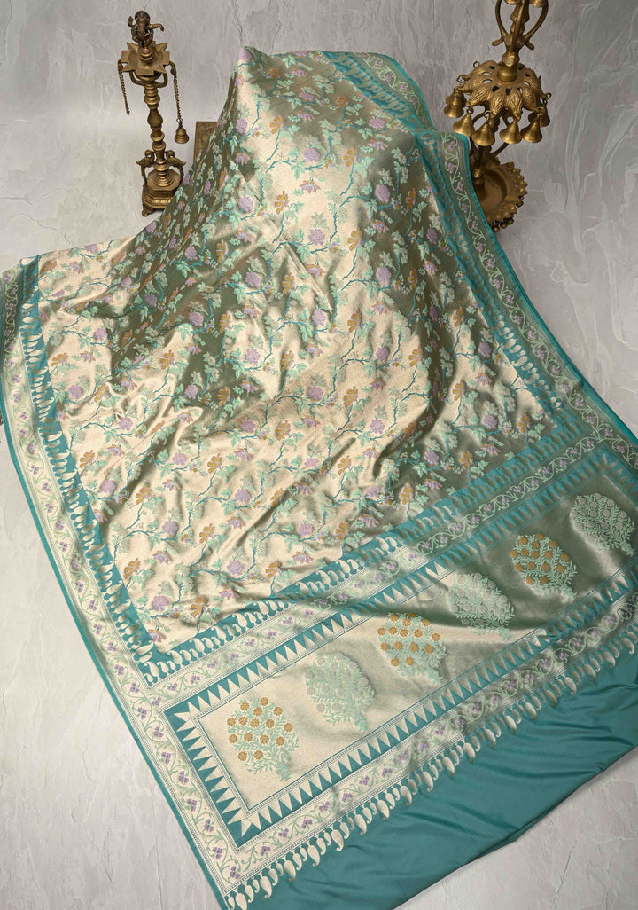 Turquoise-Gold Semi Paithani Style Tissue Silk Saree with Meenakari Moroccan Jaal and Zari Border