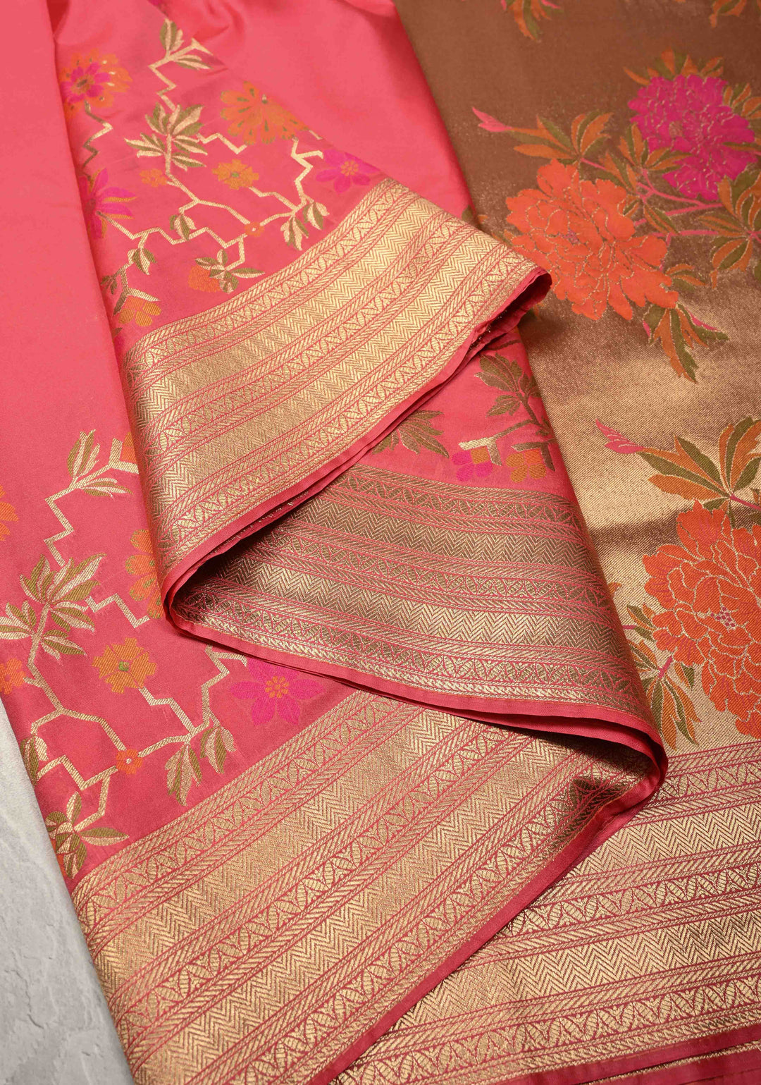 Salmon Pink Semi Silk Saree with Zari Buttas and Meenakari Jaal on Zari Border