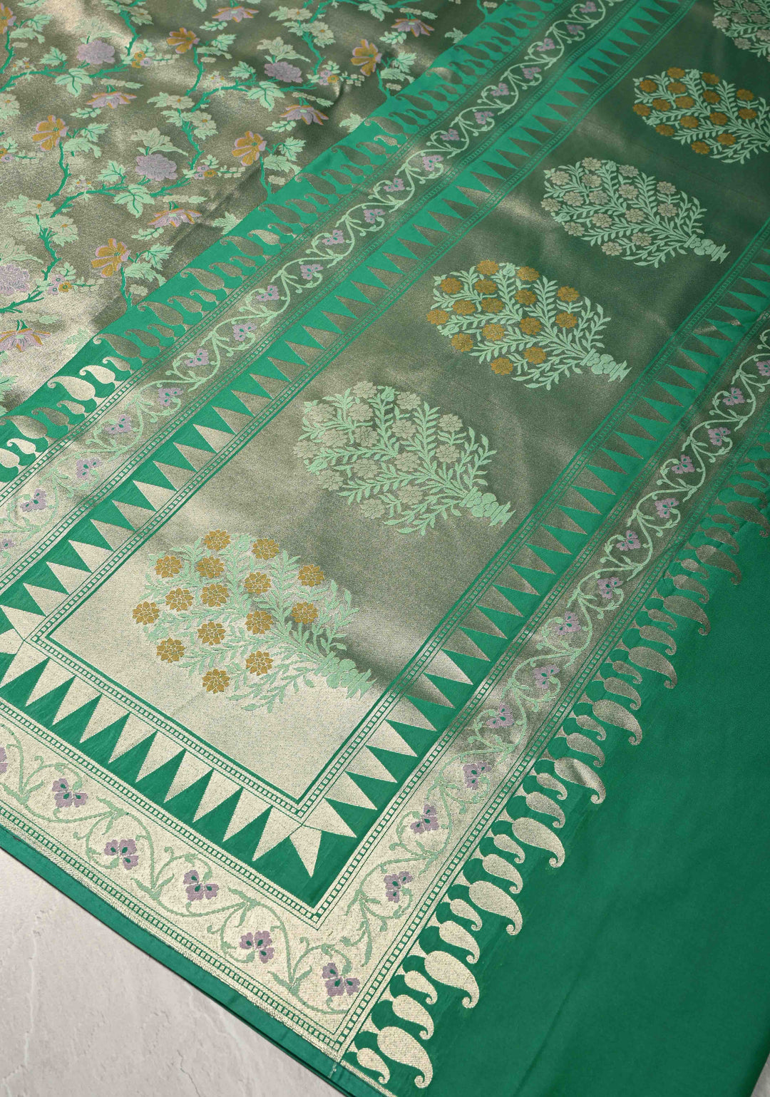 Green-Gold Semi Paithani Style Tissue Silk Saree with Meenakari Moroccan Jaal and Zari Border
