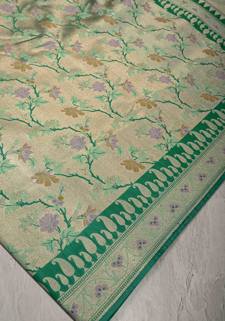 Green-Gold Semi Paithani Style Tissue Silk Saree with Meenakari Moroccan Jaal and Zari Border