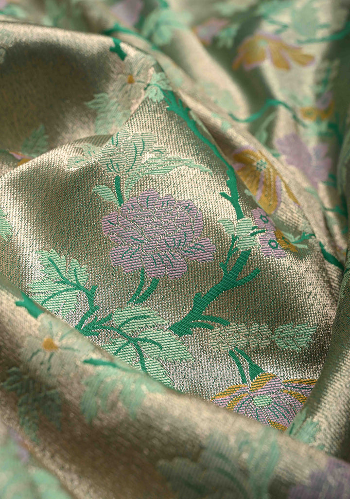 Green-Gold Semi Paithani Style Tissue Silk Saree with Meenakari Moroccan Jaal and Zari Border