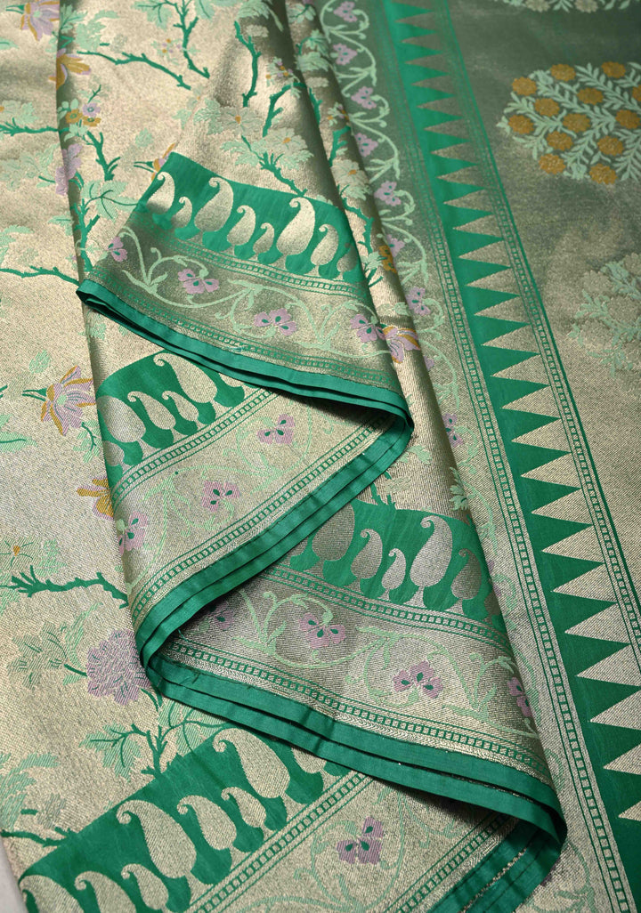 Green-Gold Semi Paithani Style Tissue Silk Saree with Meenakari Moroccan Jaal and Zari Border