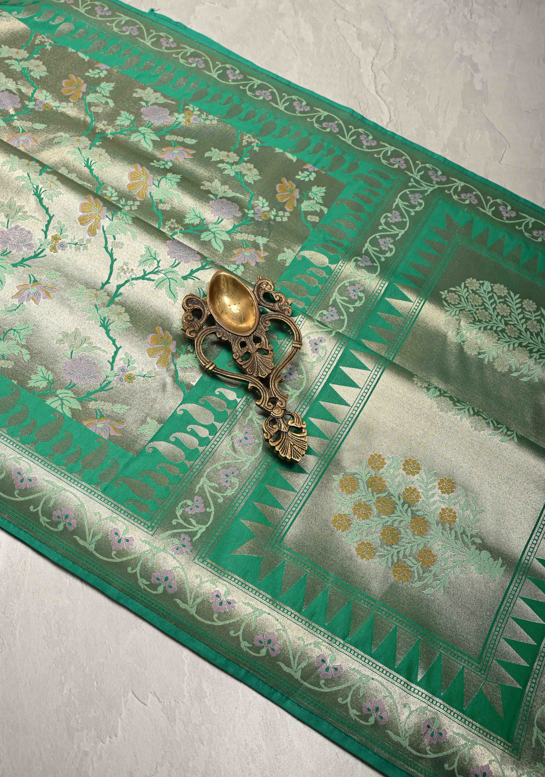 Green-Gold Semi Paithani Style Tissue Silk Saree with Meenakari Moroccan Jaal and Zari Border