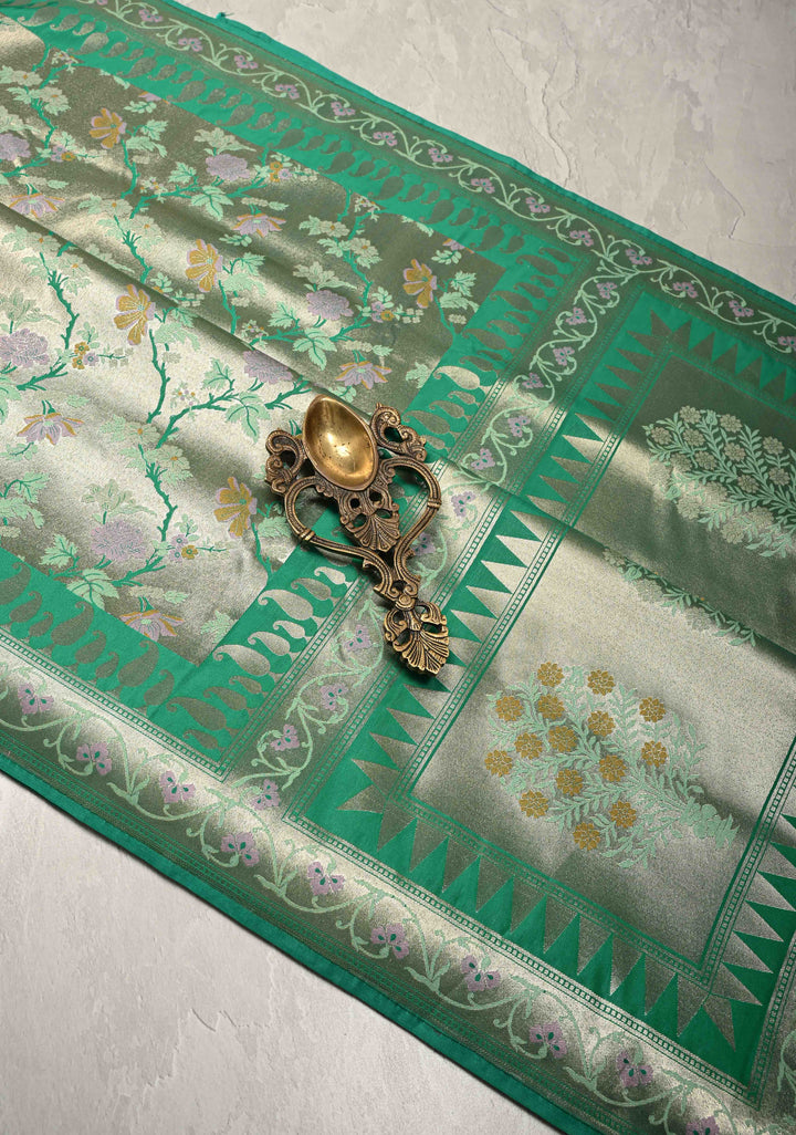 Green-Gold Semi Paithani Style Tissue Silk Saree with Meenakari Moroccan Jaal and Zari Border