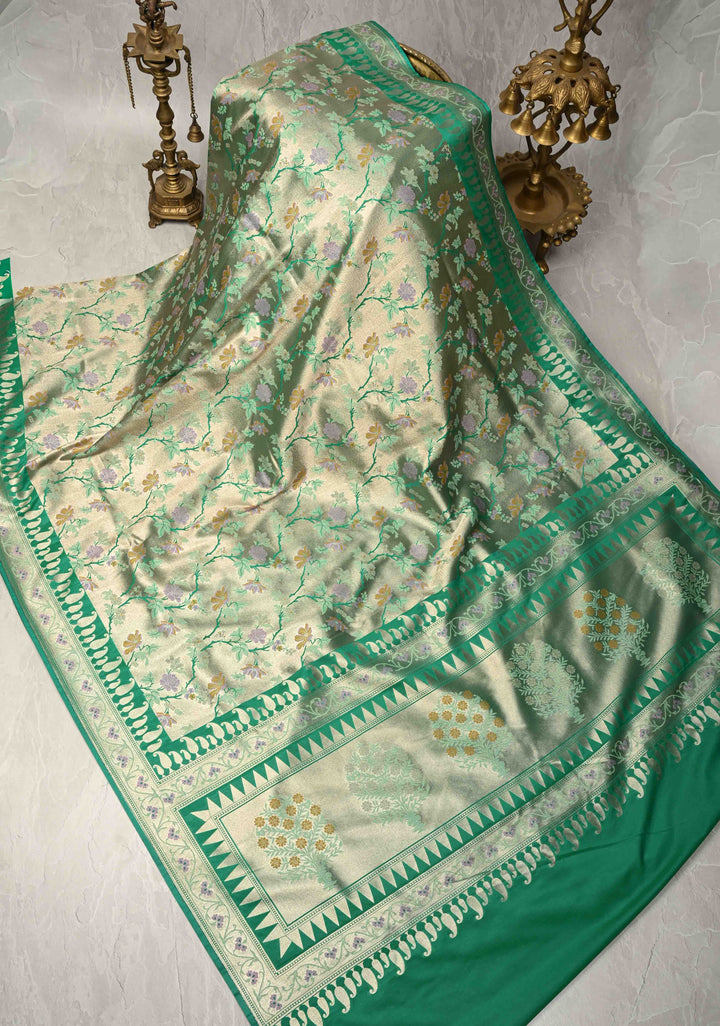 Green-Gold Semi Paithani Style Tissue Silk Saree with Meenakari Moroccan Jaal and Zari Border