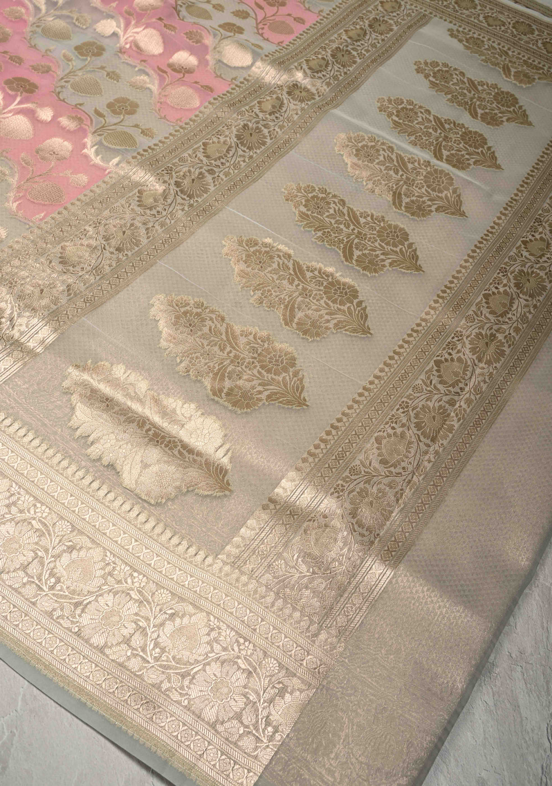 Dusty Rose-Sage Green Leheria Pattern on Banarasi Semi Kora Saree with Floral Jaal and Zari Border