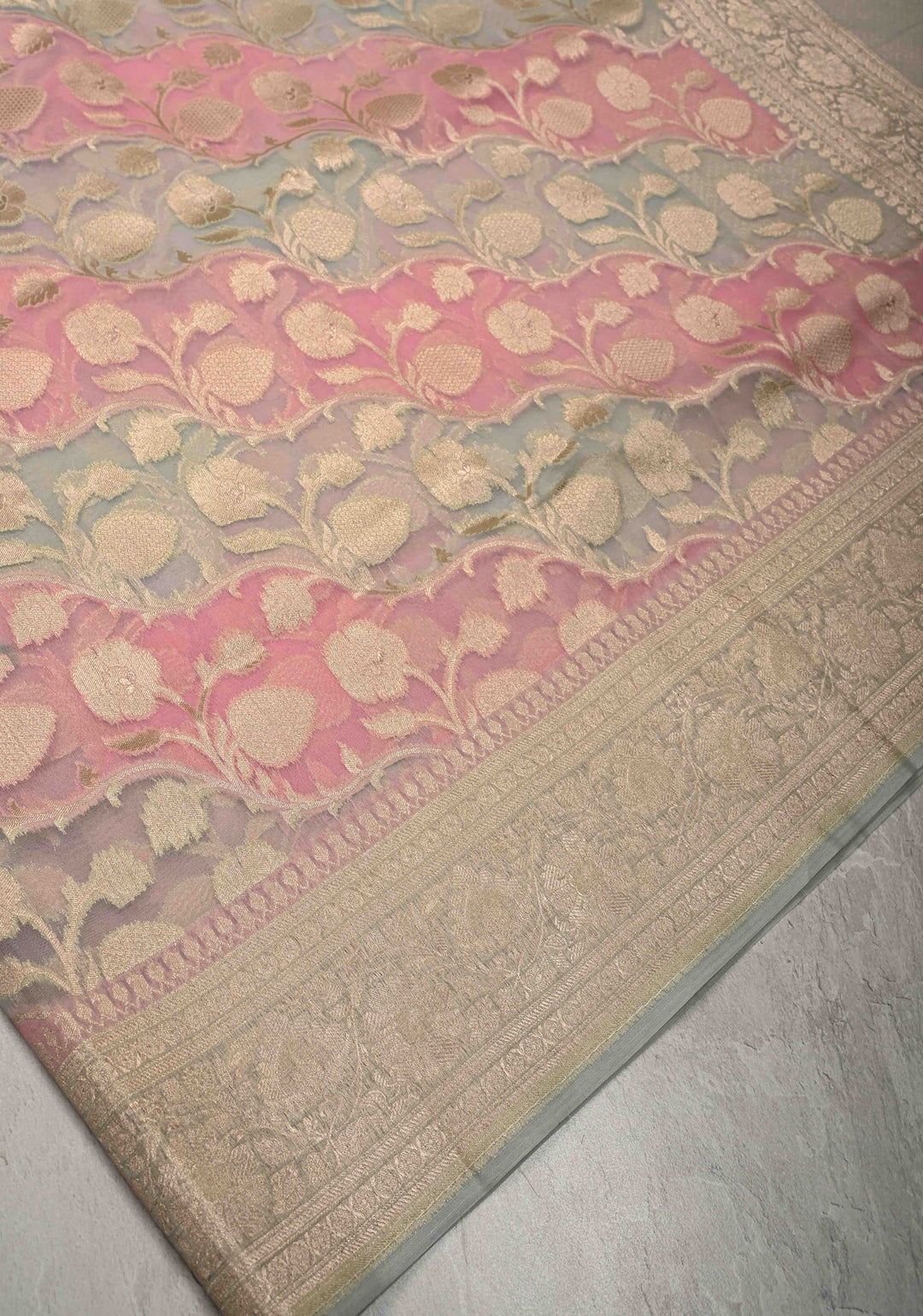 Dusty Rose-Sage Green Leheria Pattern on Banarasi Semi Kora Saree with Floral Jaal and Zari Border